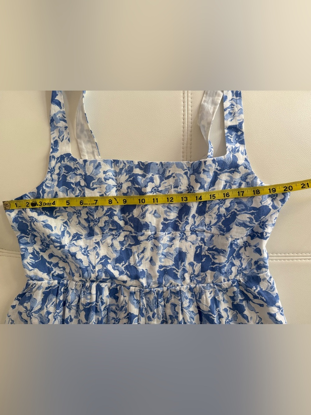 Quince Blue and White Floral Square-Neck Midi Dress 100% Linen - Picture 9 of 13